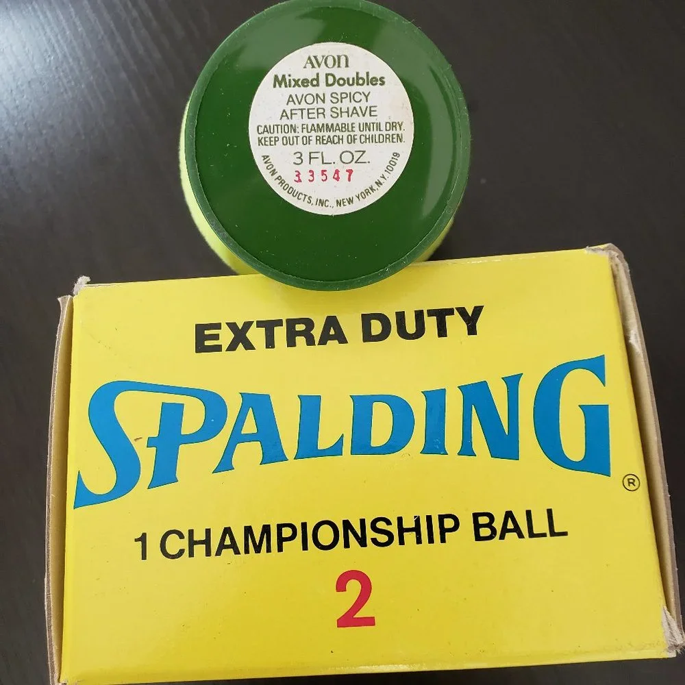 AVON 1970's Mixed Doubles Green Flocked Glass Spalding Tennis Ball EMPTY w Box